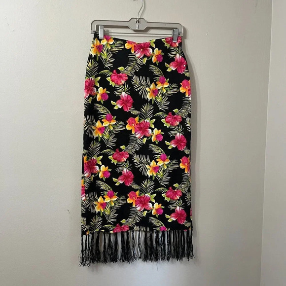 Kelly And Diane Womens Tropical Silk Maxi Skirt 2 Floral Fringe Bottom Resort - Picture 4 of 10
